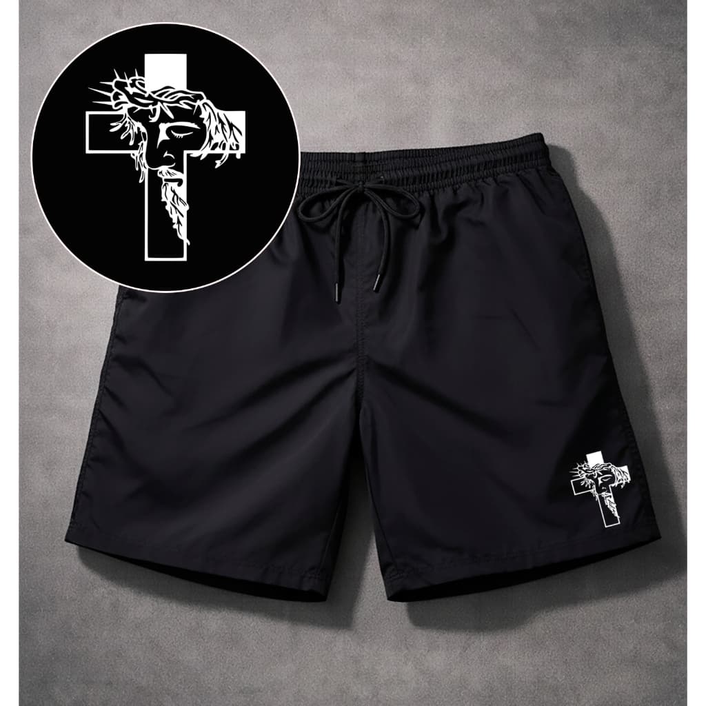 Bermuda Masculina Short Preto Tactel Estampado Cruz Jesus Para Academia Futebol Praia Caminhada