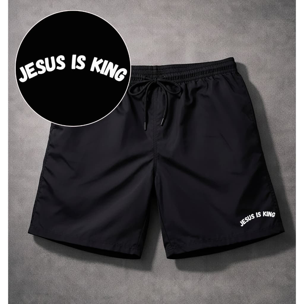 Bermuda Masculina Short Preto Tactel Estampado Jesus Is King Para Academia Futebol Praia Caminhada