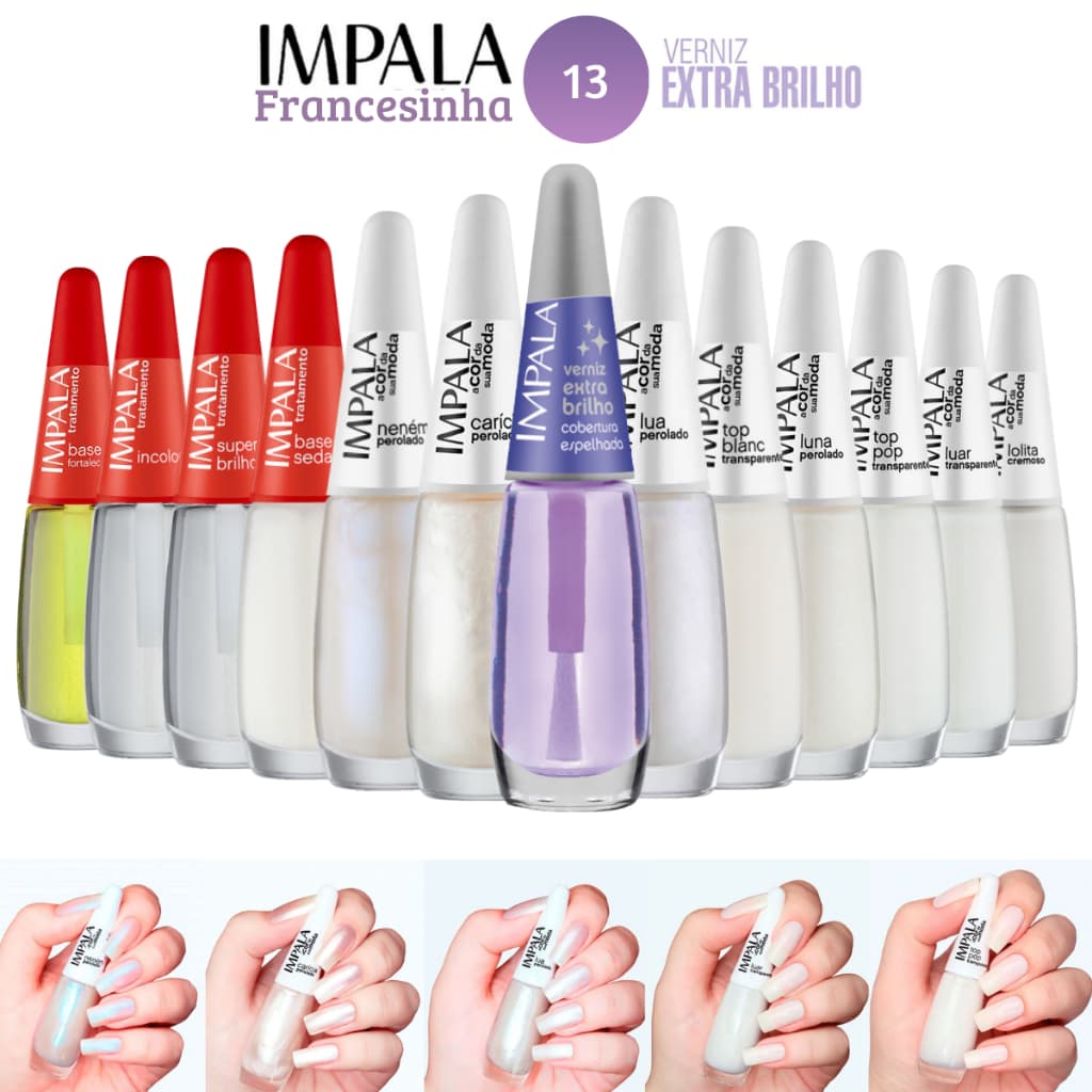 Impala Kit 13 Esmaltes Francesinha e Tratamento Tons Claros + Verniz extra Brilho