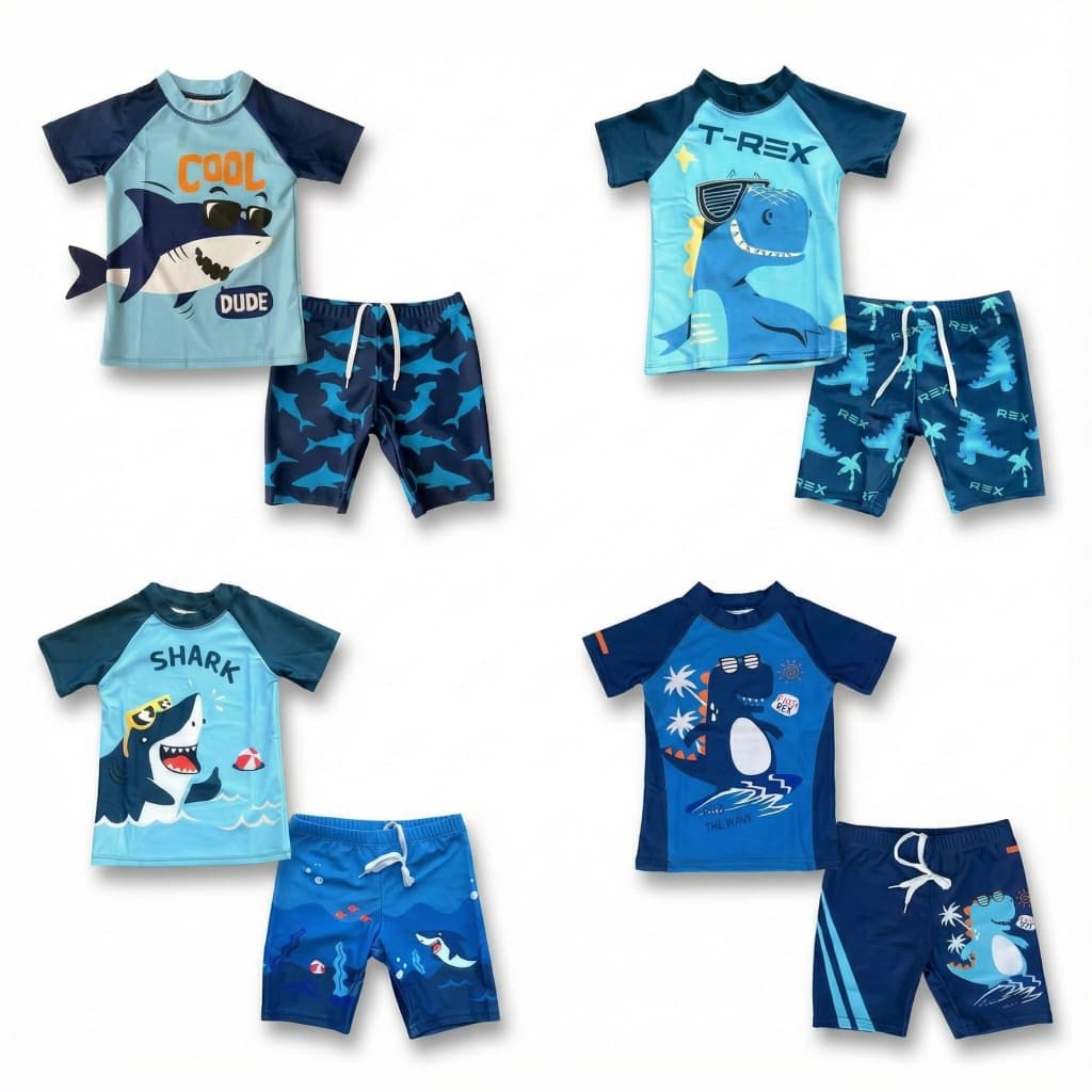 Conjunto Praia Infantil Menino Camisa UV + Sunga Estampa Tubarão Dino