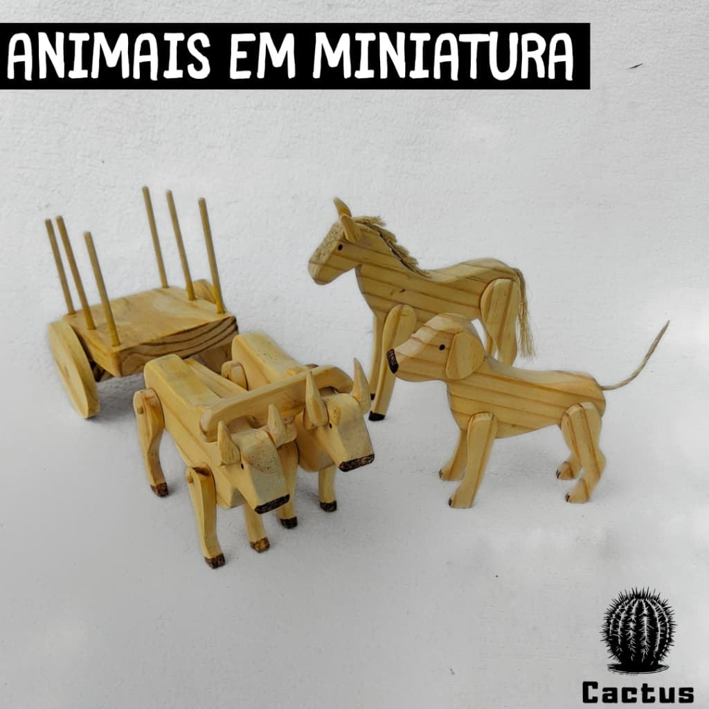 Animais em Miniatura de Madeira Artesanal Feito a Mão Mini Carro de boi Cavalo e Cachorro decoração