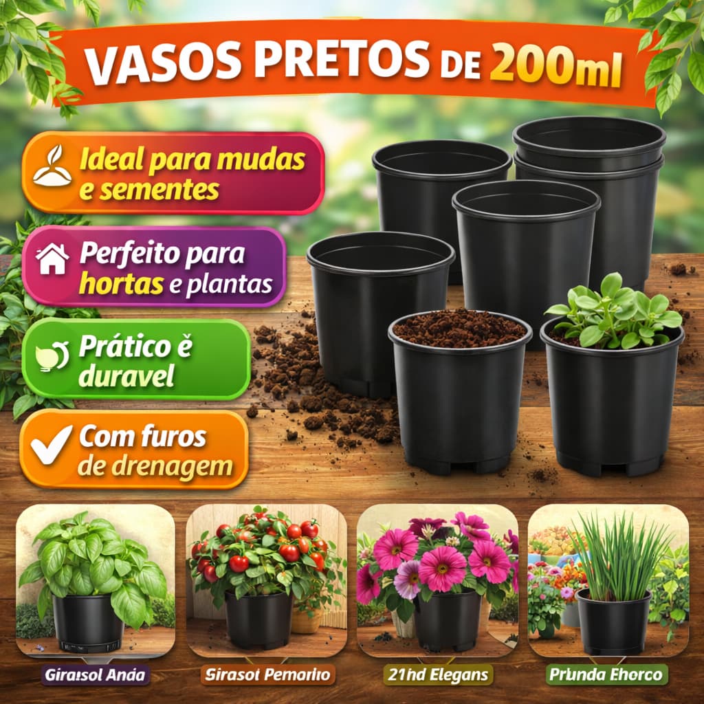 50 vasos 200ML pote 9, vasos para flores, hortaliças e suculentas