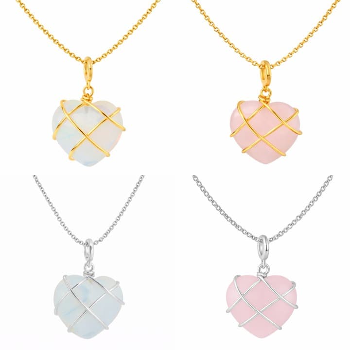 Colar De Coração Rosa prata Cristal Opala