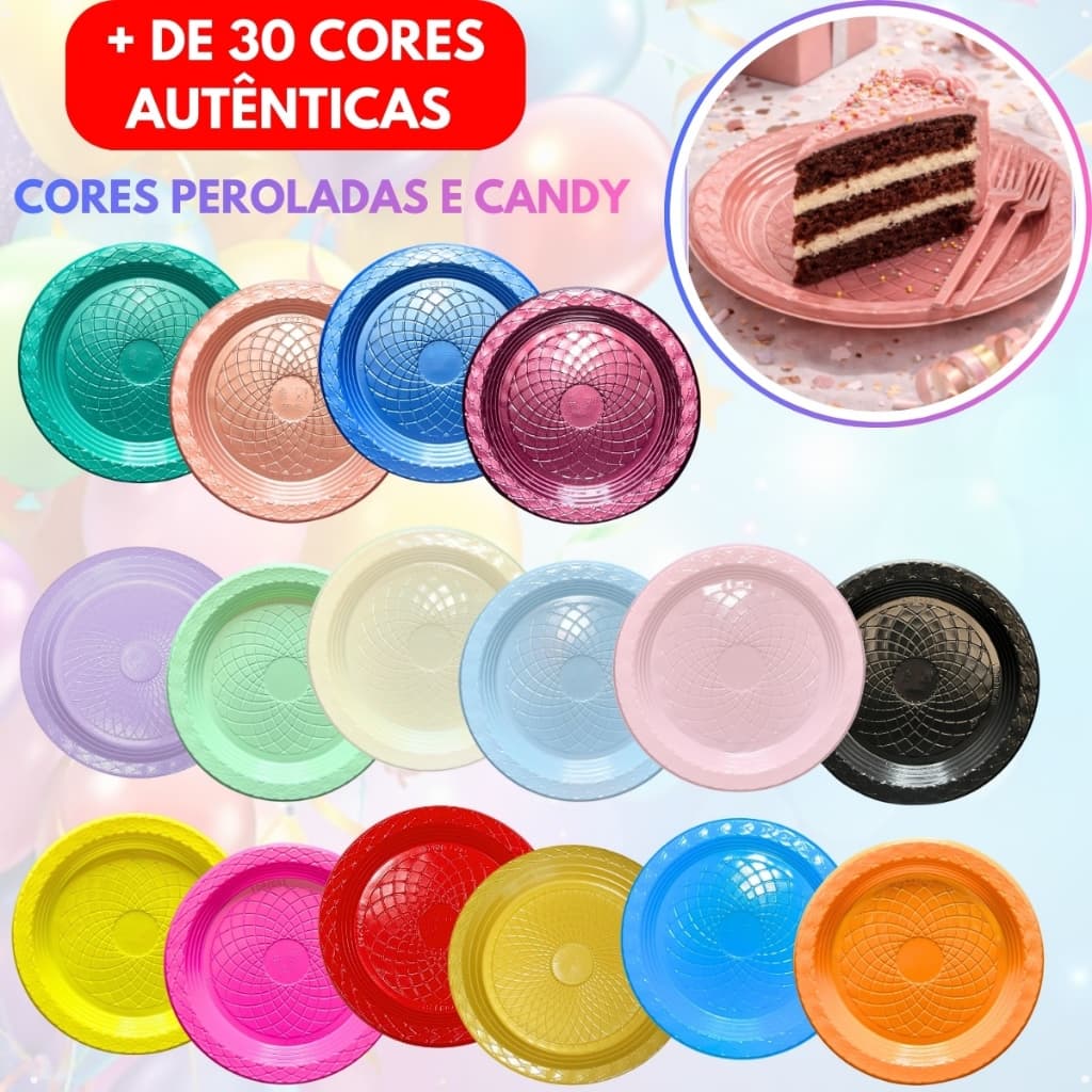 Kit Pratos Descartável Redondo Colorido Plástico Candy Perolado Festa Pratinho Aniversário Bolo