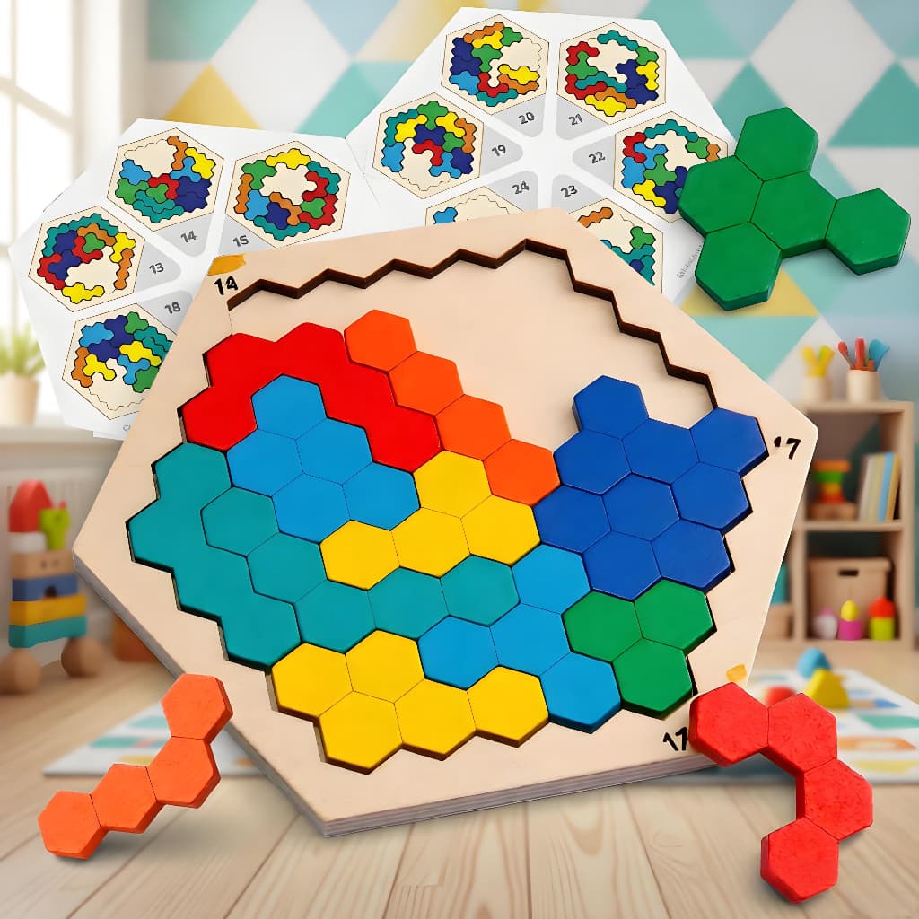 Quebra-Cabeça de Madeira Colorido Tetris - Brinquedo Educativo Montessori para Formas e Cores