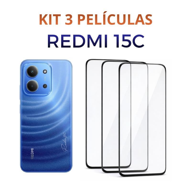 Kit 3 Películas de Vidro 3D Para Xiaomi Redmi 15C + Kit Limpeza