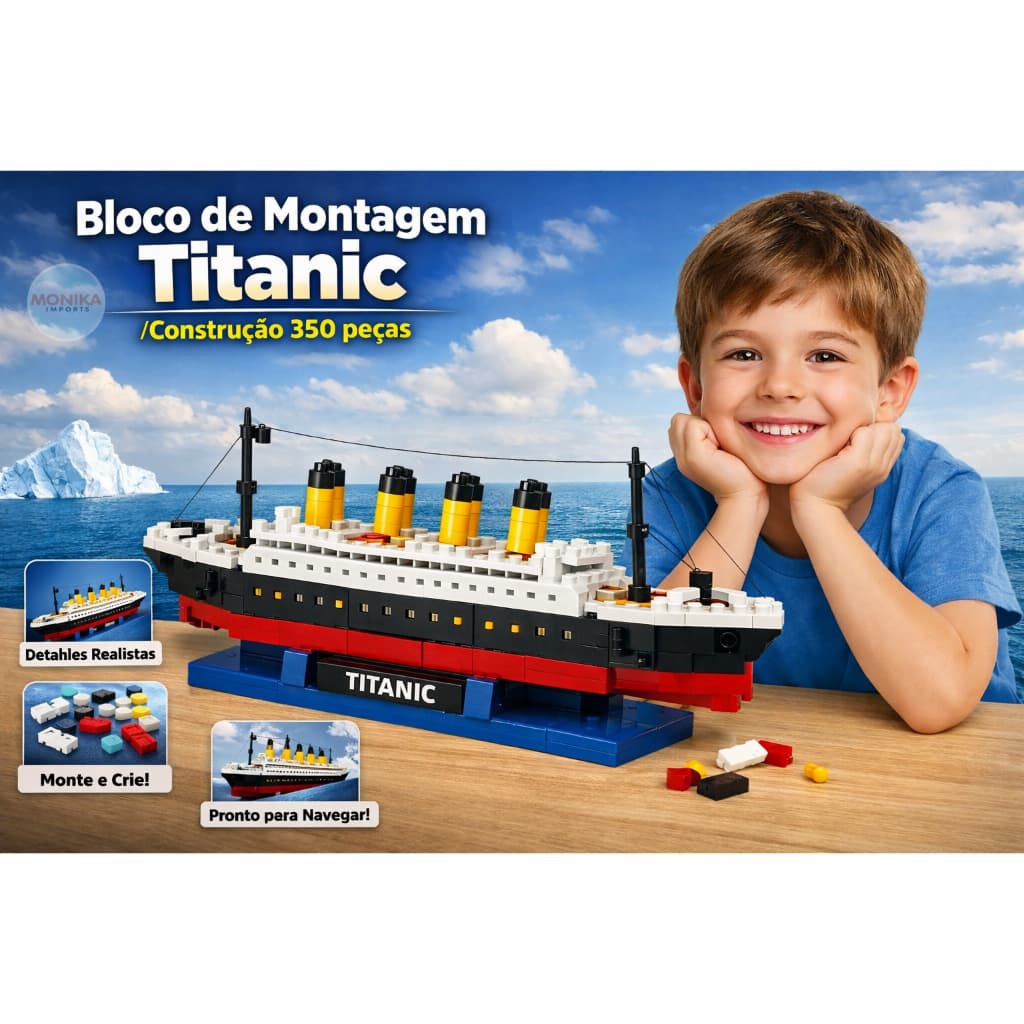 Blocos de Montar Titanic (350 Peças) - Modelo Mini Peças Navio Quebra-Cabeça Presente Infantil Educativo Interativo