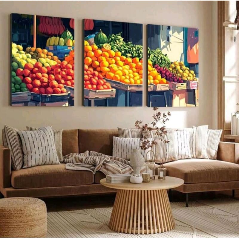 Quadro Decorativo 3 Peças Moderno Mercado Colorido Frutas