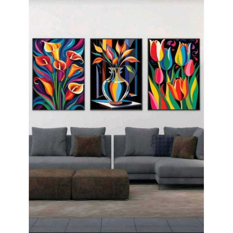 Quadro Decorativo 3 Peças Arte Moderna Flores Coloridas