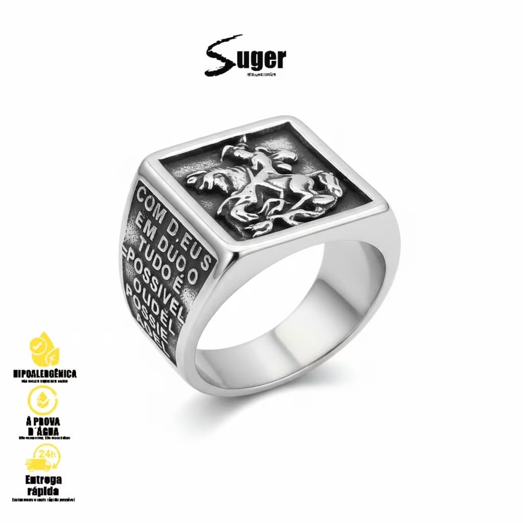 Anel Masculino São Jorge com Oração Católica – Aliança de Aço Inox Maciço, Item Autêntico