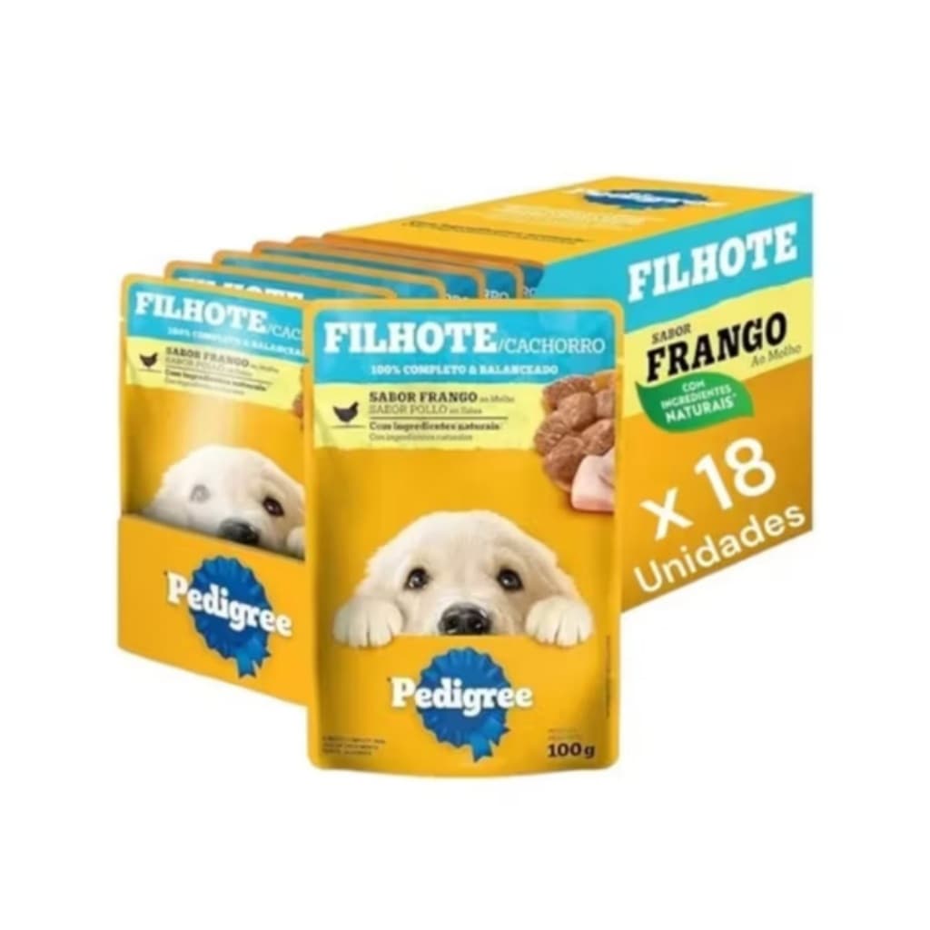 Kit 18 Ração Úmida Cachorro Sachê Pedigree Molho Sabor Frango 100g Filhote Sachê