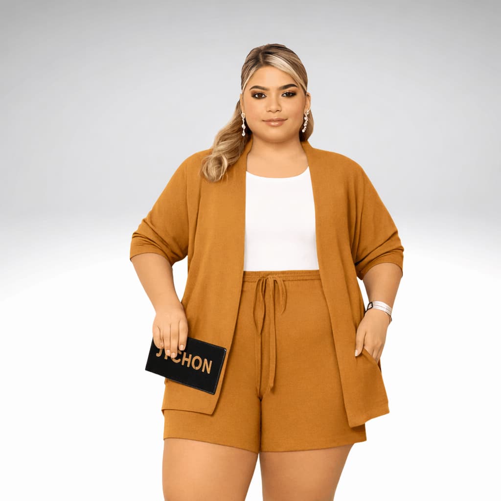 Conjunto Plus Size Feminino Kimono e Short Verão Look Casual Confortável