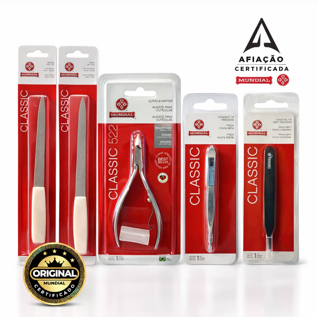 Kit Manicure Profissional Mundial Alicate 522 Pinça Lixa Original Unhas Cutículas Pedicure