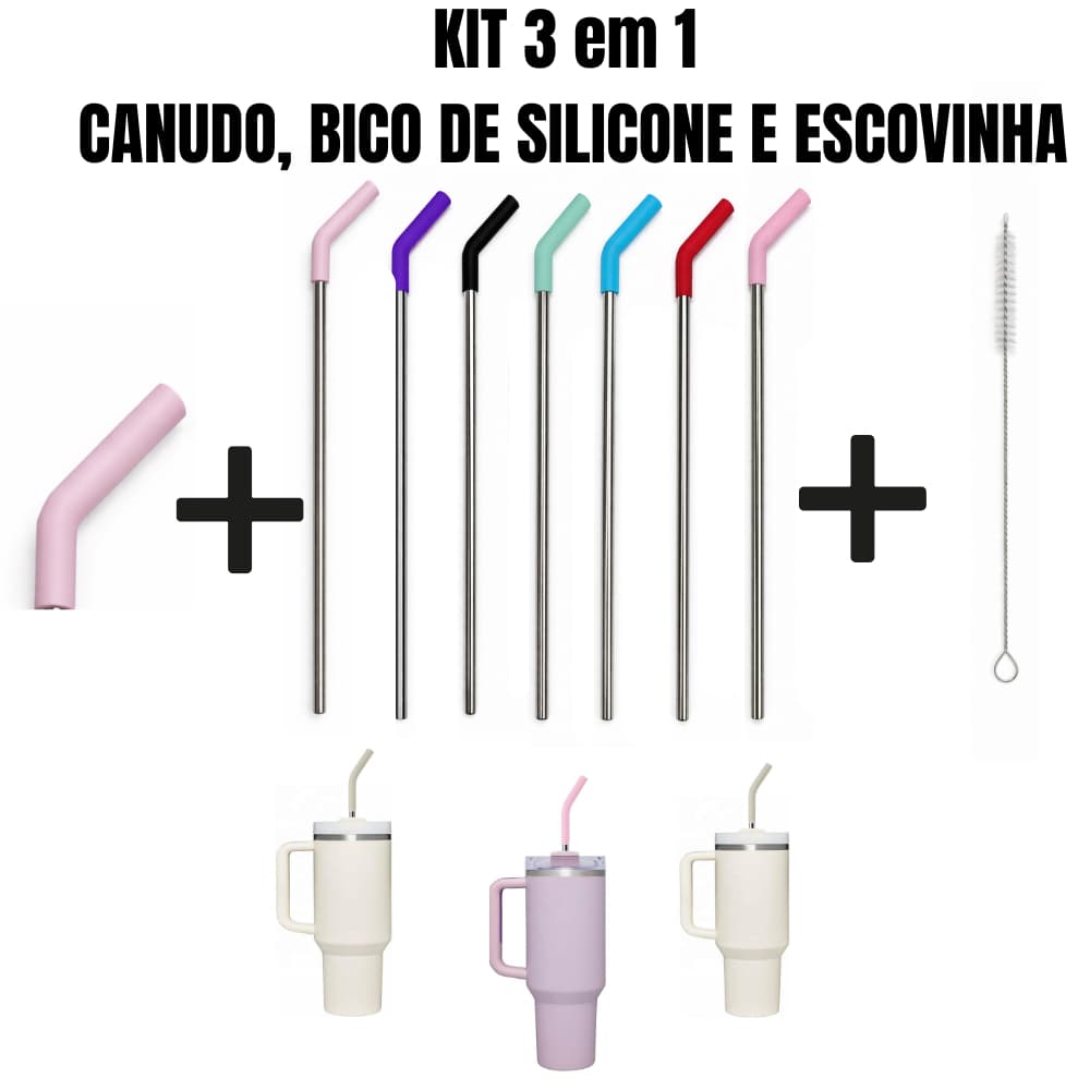 Kit Canudo Inox Reutilizável com Bico de Silicone e Escovinha para limpeza| Ideal para Copo Quencher 1200ml