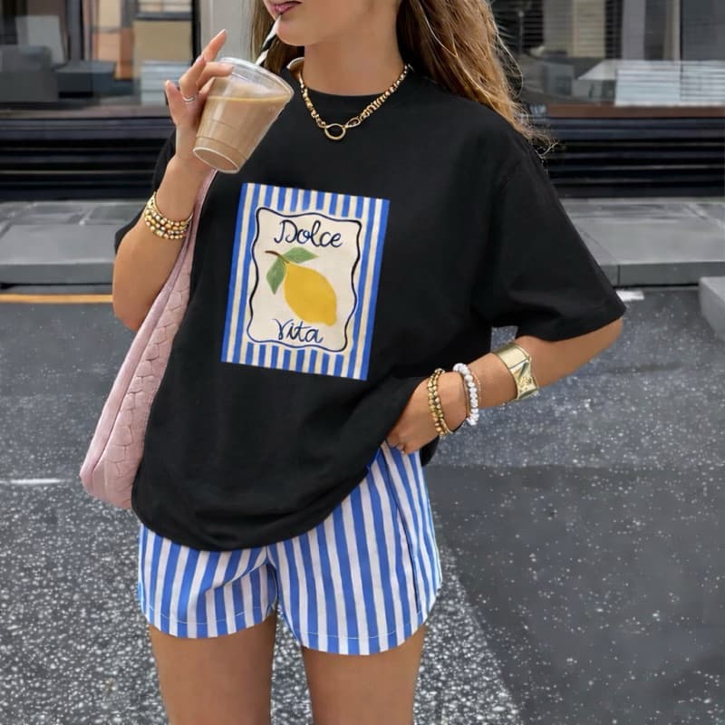 Camiseta Feminina Dolce Vita Limão Oversized Algodão Premium Moda Verão Casual Trendy
