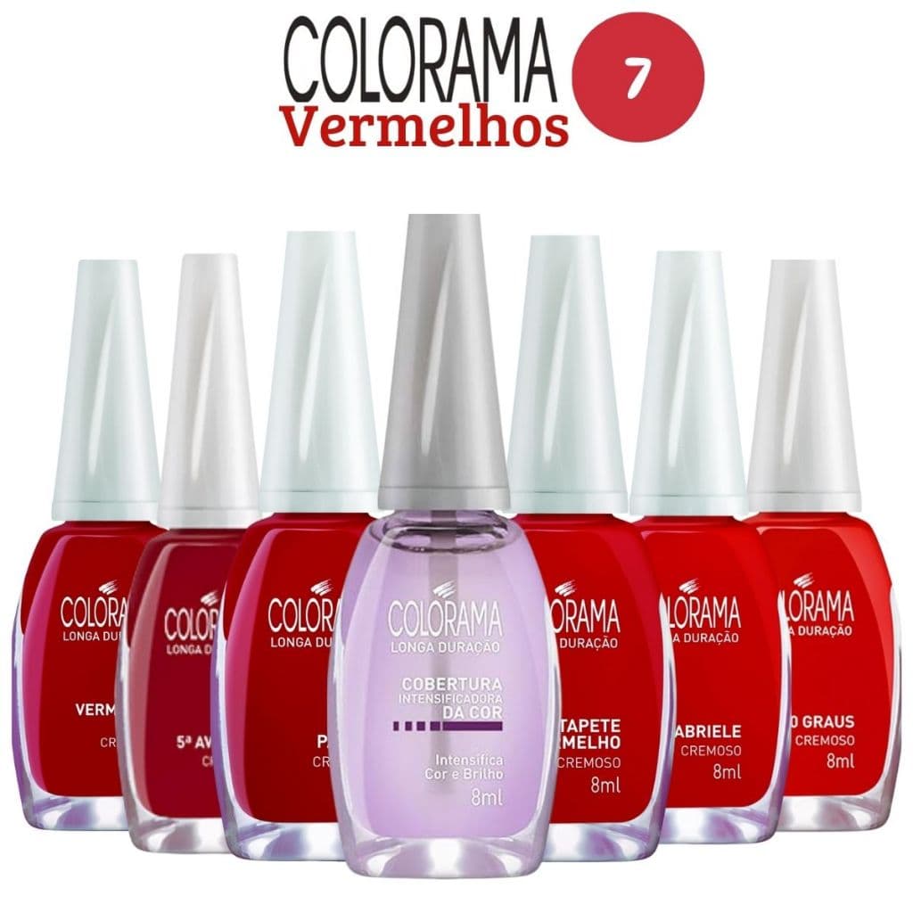 Colorama Kit com 7 Esmaltes Vermelhos Clássicos + Cobertura Intensificadora Verniz Extra Brilho