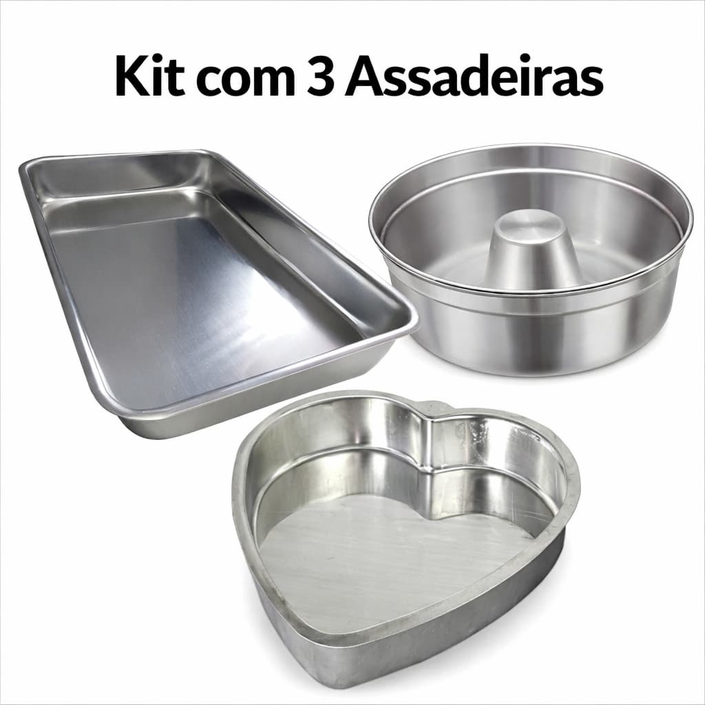 Kit 3 Formas Forma de Bolo Coração, Forma Retangular e Forma de Pudim **Para Bolos de Até 1kg** em Alumínio IF235