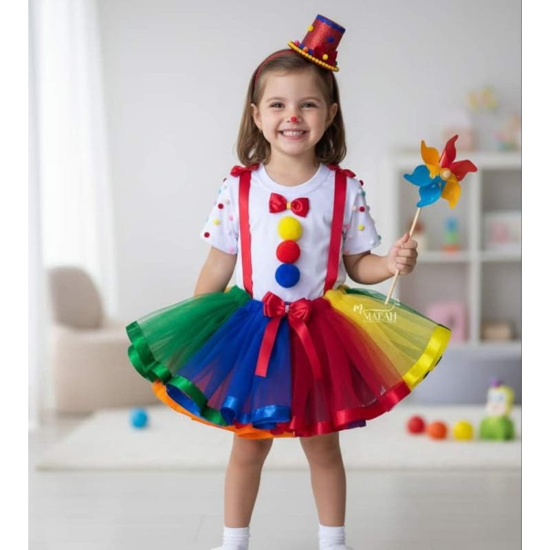 Fantasia Circo Cores Escuras Adulto e Infantil 6,8,10 e 12 Anos Conjunto Completo Camiseta Saia de Tutu e Cartola