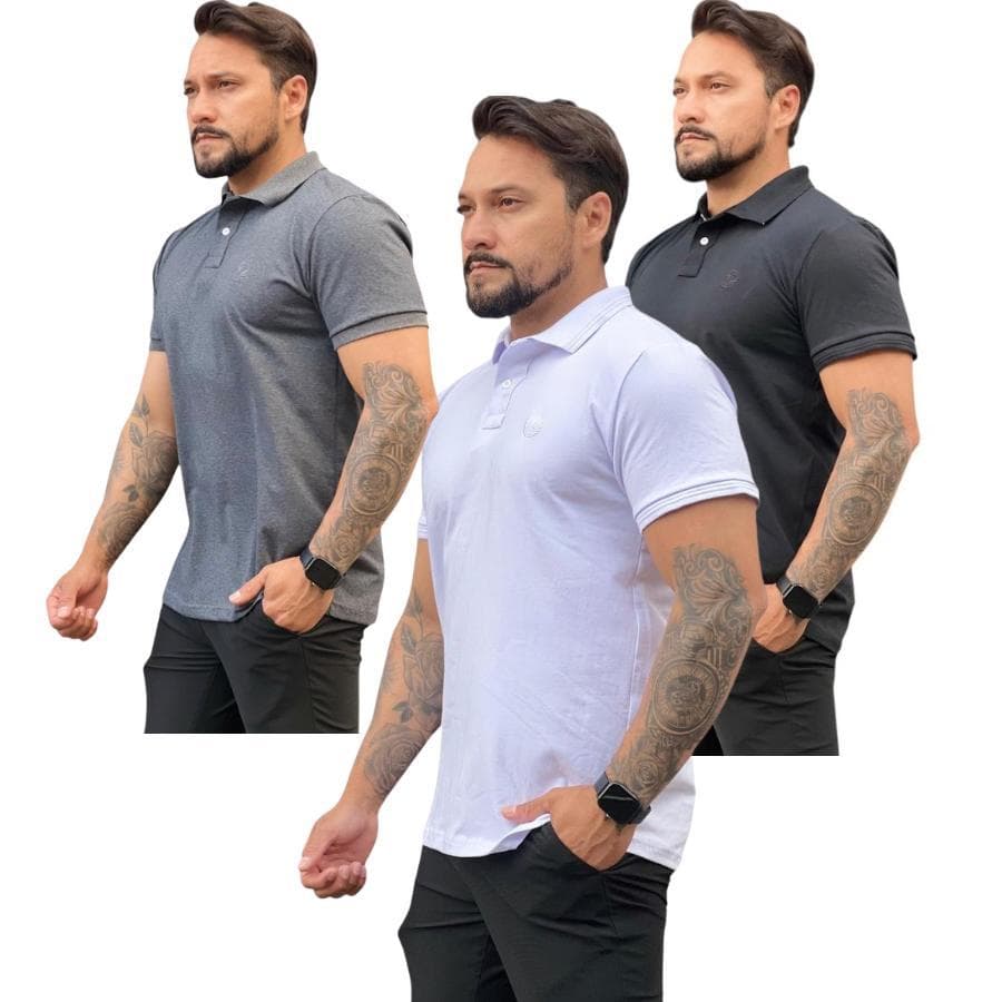 KIT 3 Camisa Gola Polo Masculina Básica Algodão Malha Peruana Premium Lisa