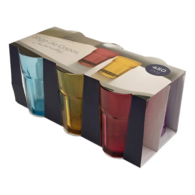 jogo de copos coloridos 450ml resistente vidro