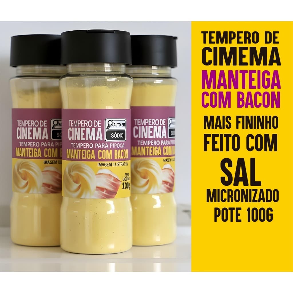 TEMPERO PARA PIPOCA CINEMA SABORES MANTEIGA, MANTEIGA COM BACON E BACON