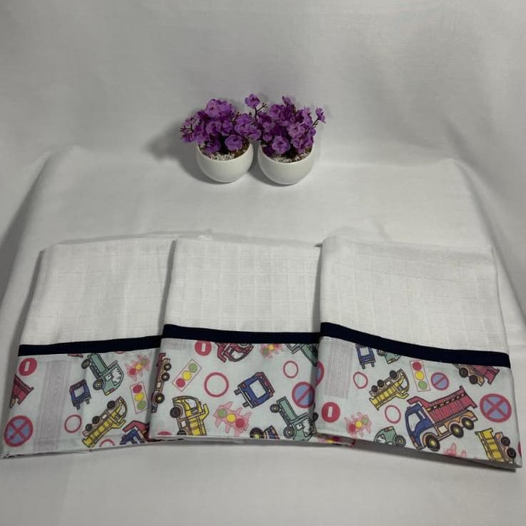 Kit 3 fraldas de boca bebê infantil quadriculada carrinhos pano de boca babete menino 100% algodão