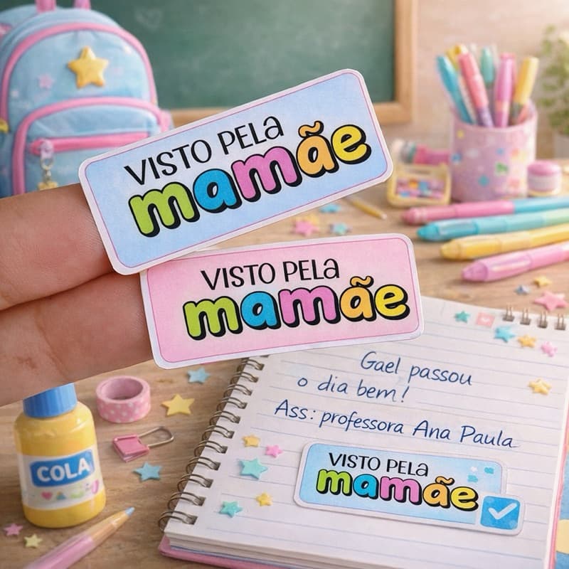 Kit 100 etiquetas visto pela mamãe/papai/Visto pela professora - etiquetas escolares - adesivo escolar