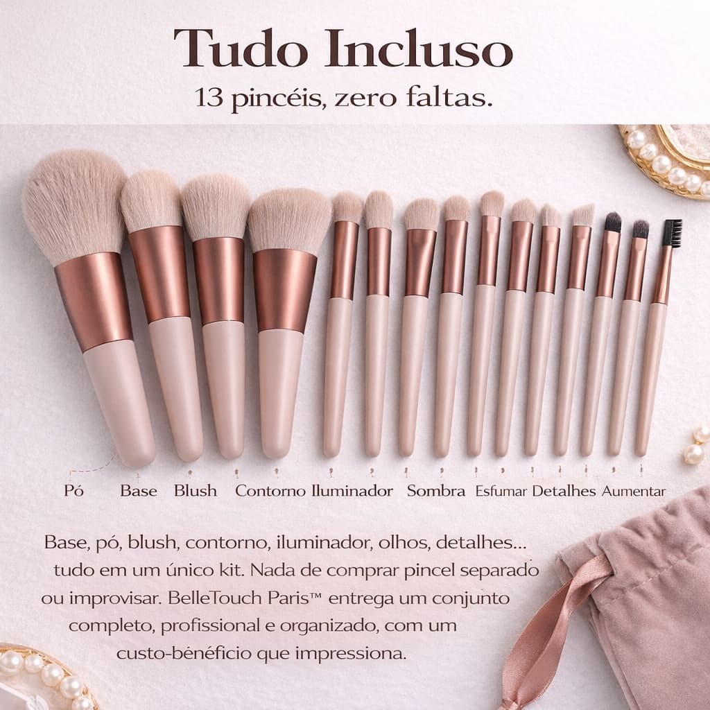 Kit de Pincéis de Maquiagem Profissional 13 Pçs Para Contorno Olhos  com Bolsa BelleTouch Paris