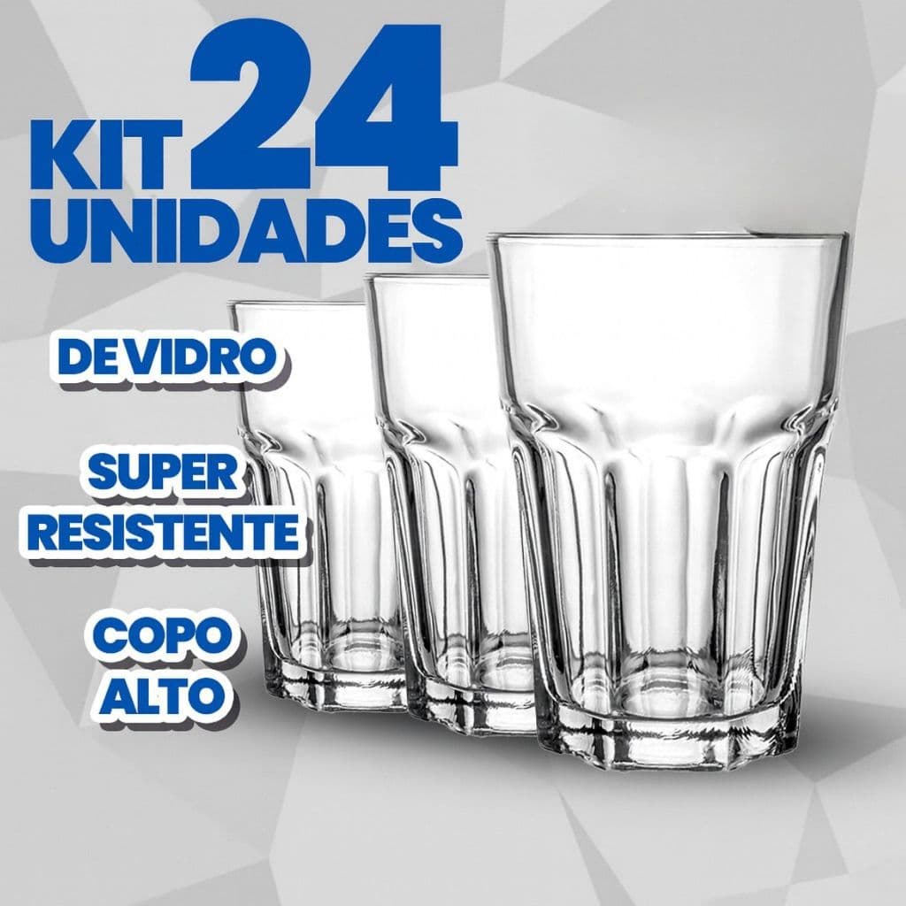 Kit 24 Copos Vidro 350ml Premium Mesa Posta Casa Nova Bar Cozinha Água Suco Drink Bebidas Vitaminas