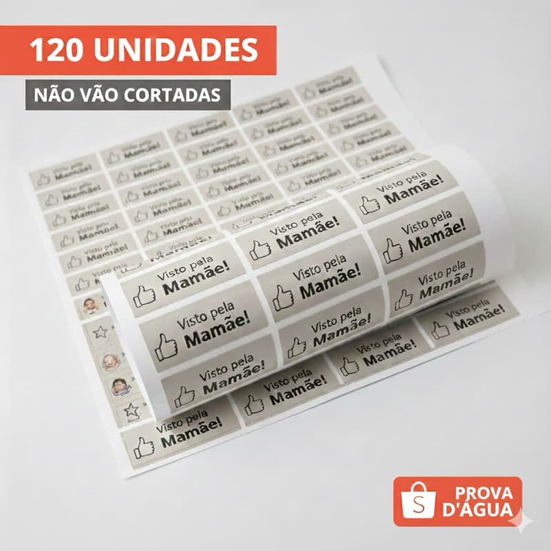 120 Etiquetas Adesivas "Visto pela Mamãe" - 3,6x1,2cm - Papel Fotográfico À Prova D'água