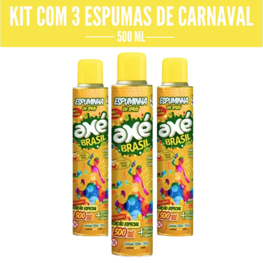 Kit 3 Espuminhas De Carnaval Axé Brasil 500 ml/Tampa Tradicional