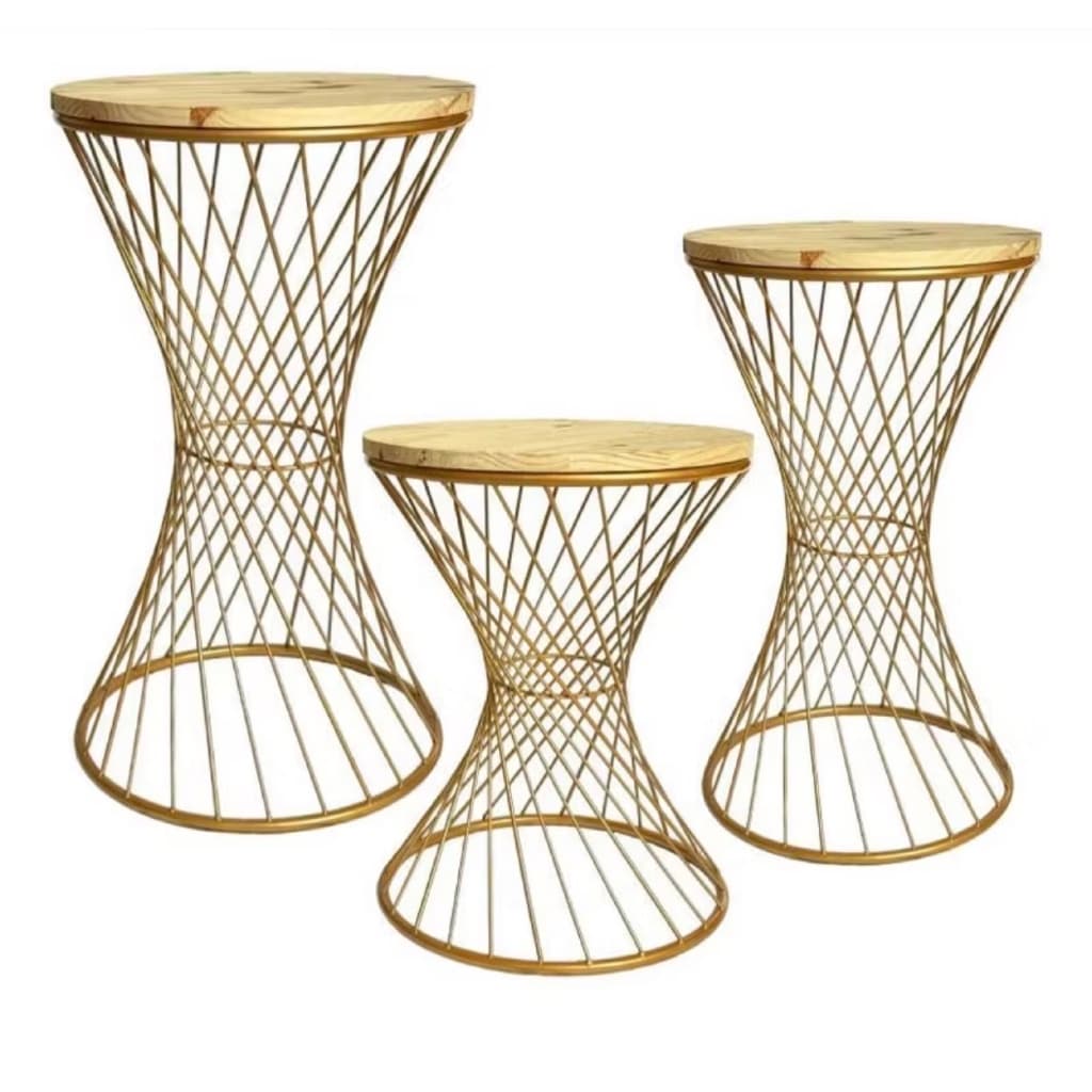 Kit Trio de Mesas Trançados Dourados Em Ferro Para Festas e Decoração