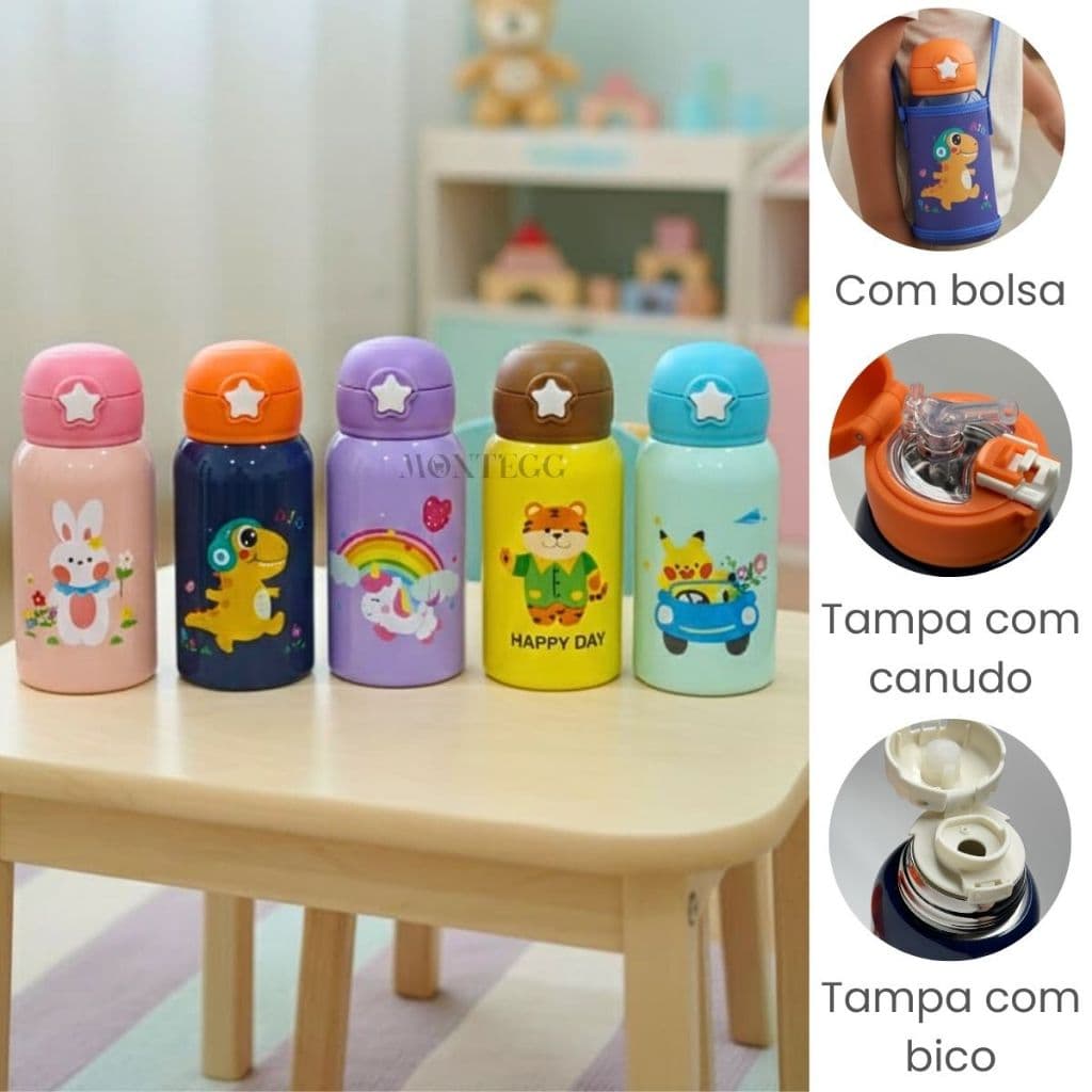 Garrafa Térmica Infantil 500 ml Aço Inox  Com Bolsa Canudo e Caneca Garrafinha Escolar Infantil