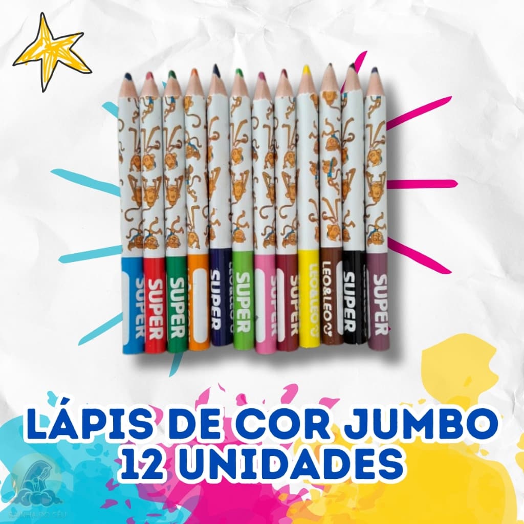 Lápis Super Jumbo 12 Cores Grosso + Apontador Leo E Leo