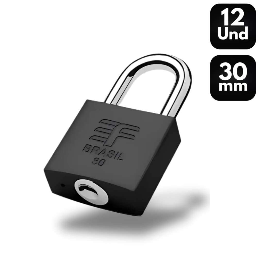 Kit 12 Cadeado Reforçado 30mm Preto Fosco 2 Chaves 3F Kit Zamac Inoxidavel Segurança Bolsa