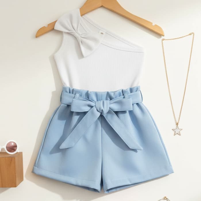 conjunto infantil menina short +blusa  manga nula com laço  ombro só   kit infantil verão
