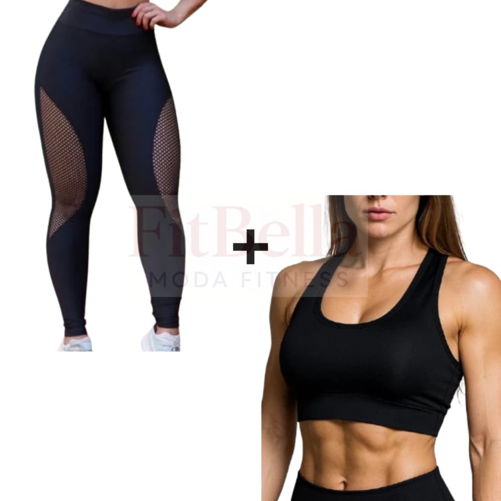 kit Calça Legging Fitness Feminino Cintura Alta | Legging Arrastão + Top Academia