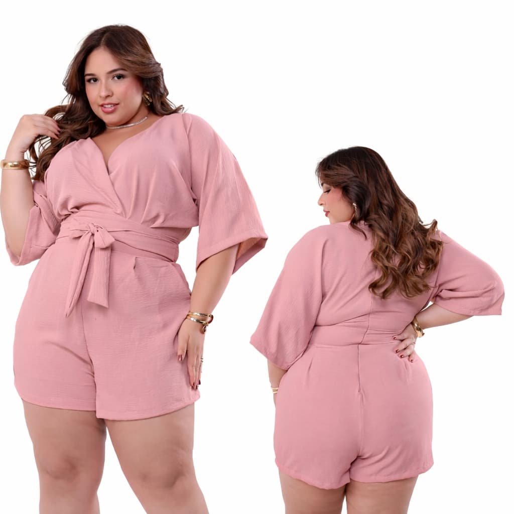 Macaquinho Plus Size Feminino Elegante Forrado Manga 3/4 - Laço Modelador Disfarça Barriguinha