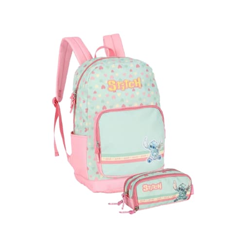 Kit Mochila Costas Stitch Disney Angel Lancheira Térmica Estojo Triplo Infantil Escolar