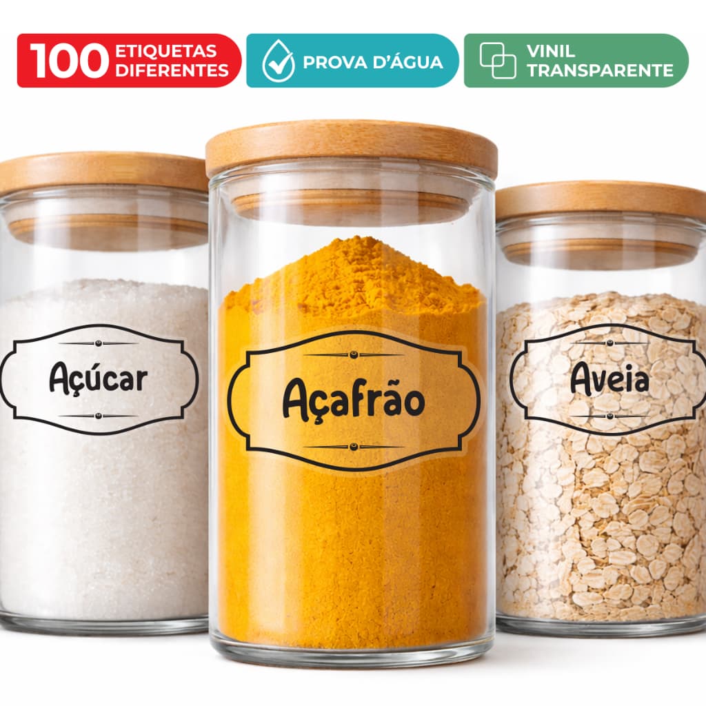 100 Etiquetas Adesivas para Temperos | Transparente | À Prova D’Água para Potes