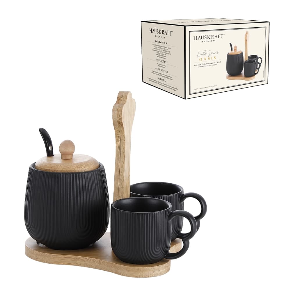 Jogo Xícaras Café Açucareiro Oásis Black Com Suporte 4 Peças