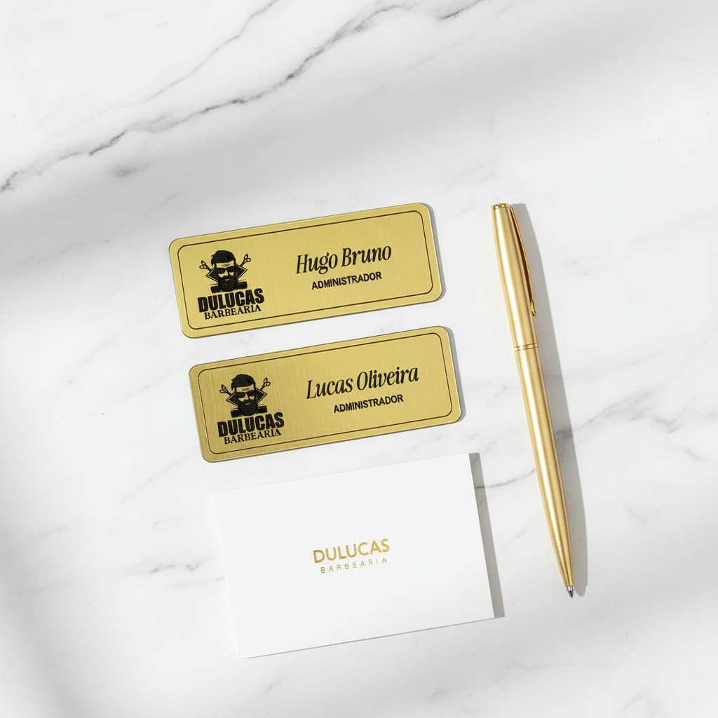 Crachá Metálico Dourado Escovado Personalizado: Elegância e Profissionalismo Coeso para Sua Marca.