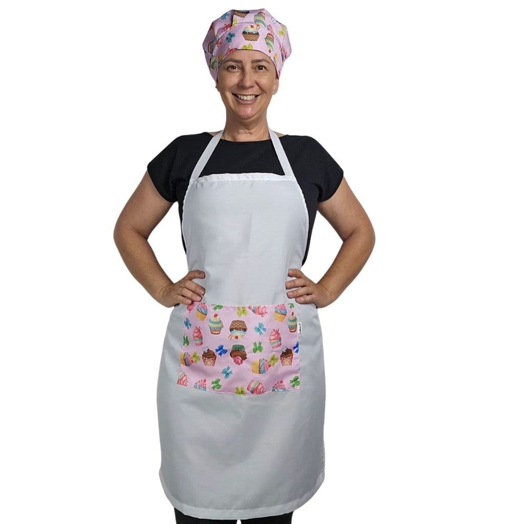 Kit Avental e Touca Conffort Feminina para Chef  Bolo Rosa