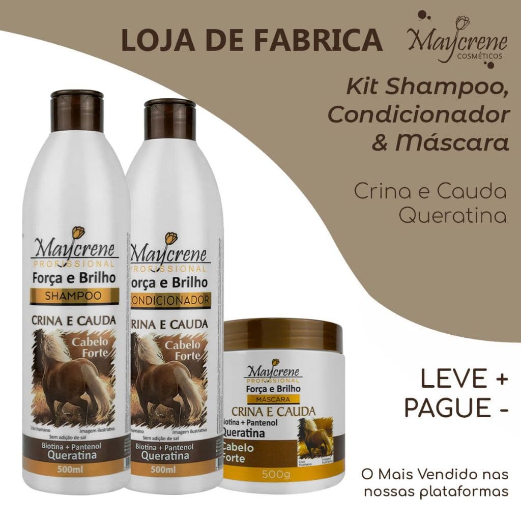Kit Crina e Cauda Força e Brilho Maycrene Profissional 500ml - Cabelo Forte | Biotina + Pantenol + Queratina