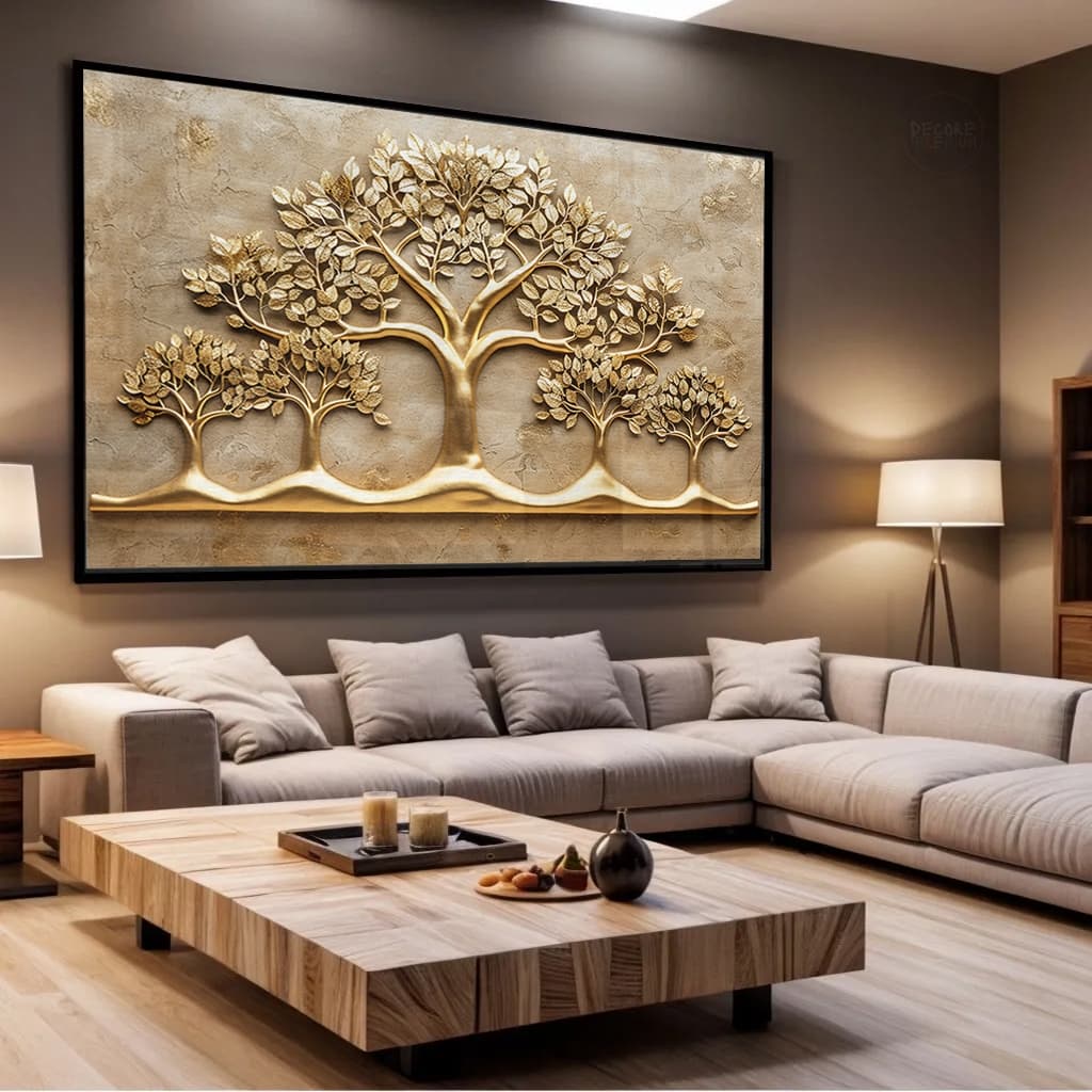 Quadro Decorativo Sala Moderno Árvore da Prosperidade Tons Terrosos e Ouro Dourado Grande Com Moldura e Vidro