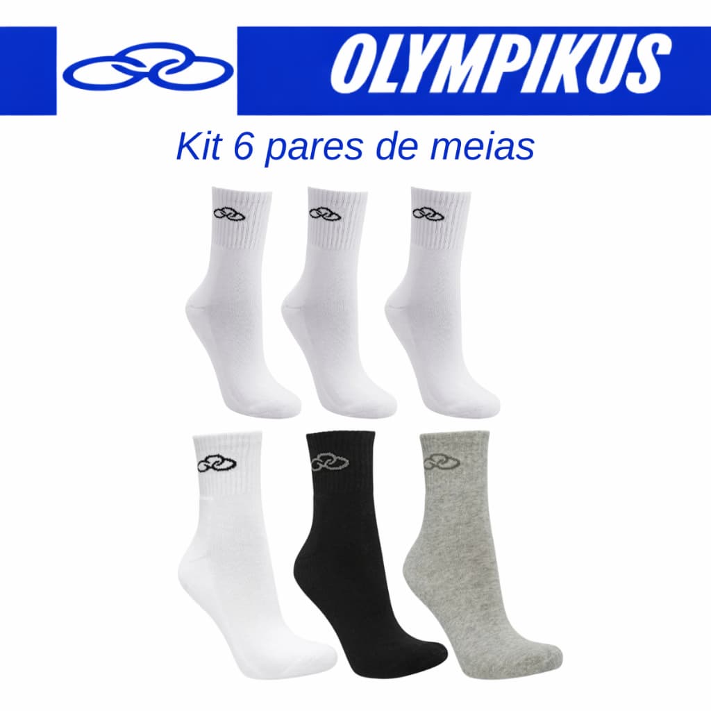 KIT 6 Pares Meia Olympikus Cano Médio Esportiva Algodão