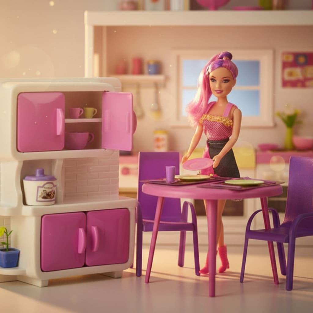 Brinquedo Copa de Cozinha com Boneca Rosa Mesa Cadeiras Armário e Acessórios Educativo Infantil