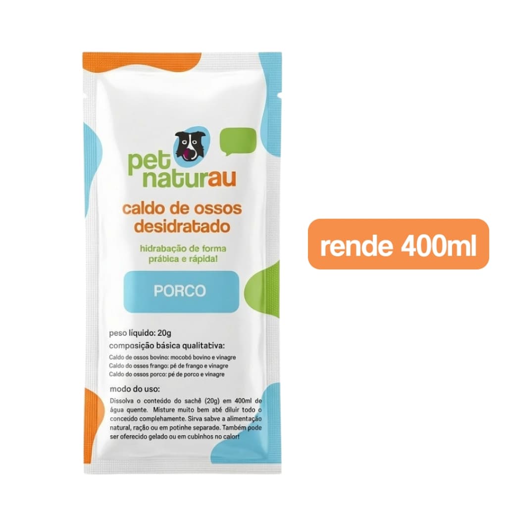 Caldo de ossos de porco desidratado sachê 100% natural para cães e gatos PetNaturau - Hidrata, nutre e rende 400ml