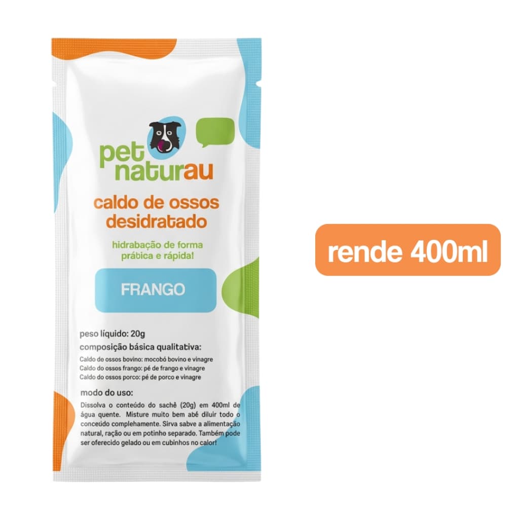 Caldo de ossos de frango desidratado sachê 100% natural para cães e gatos PetNaturau - Hidrata, nutre e rende 400ml