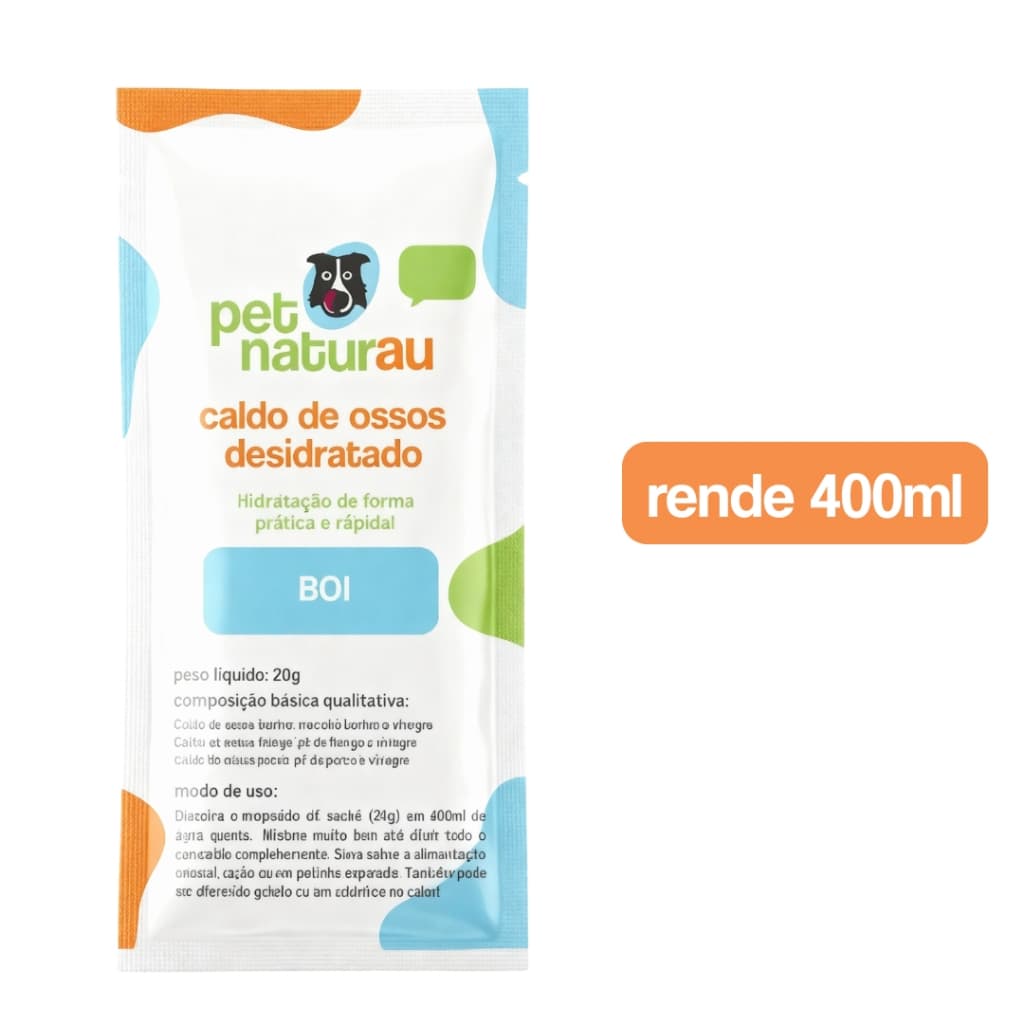 Caldo de ossos bovino desidratado sachê 100% natural para cães e gatos PetNaturau - Hidrata, nutre e rende 400ml